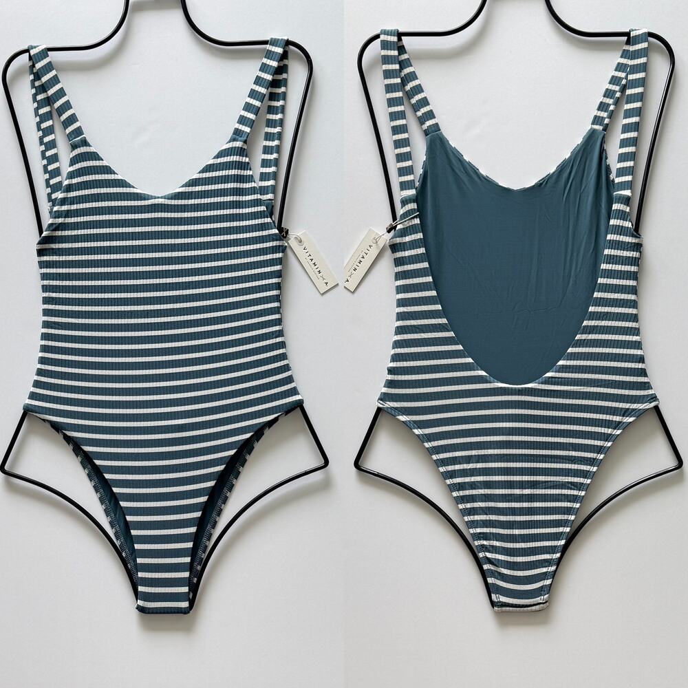 Vitamin A Swim Leah Ribbed One Piece - High Cut - Marine Stripe Grey – L – NWT